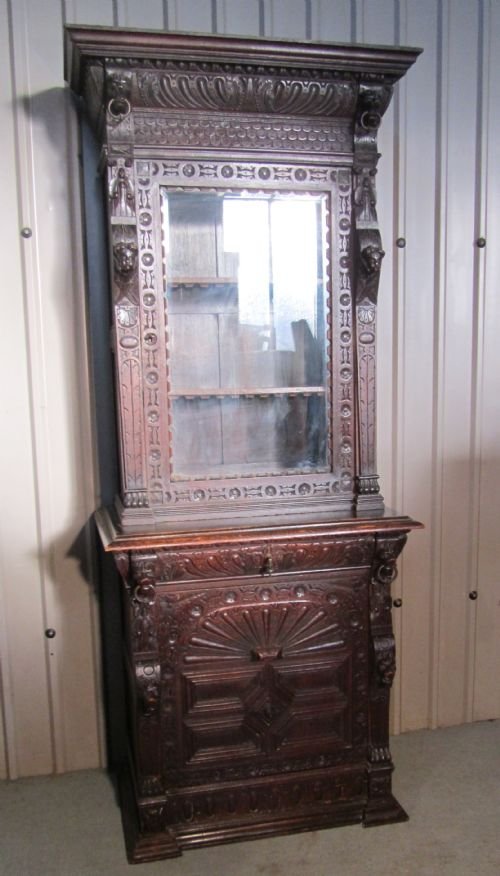 fig 1. Intricately Carved Early Victorian Gothic Oak Bookcase