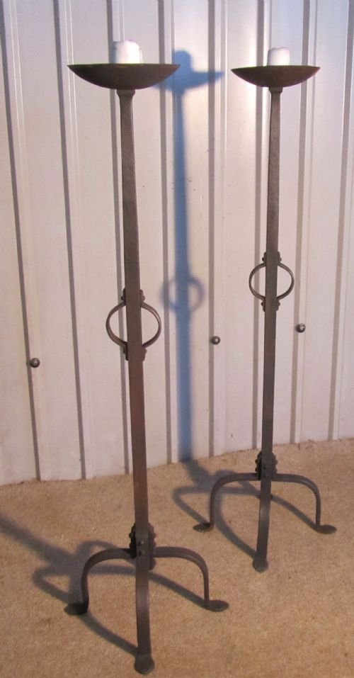 A Large Pair of Gothic Iron Candle Sticks or Torchère