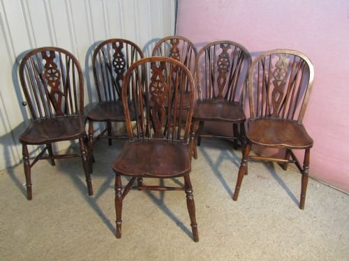 A Victorian Set of 6 Dark Ash & Elm Wheel Back Windsor Kitchen Dining Chairs