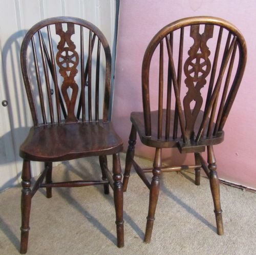 fig 1. A Victorian Set of 6 Dark Ash & Elm Wheel Back Windsor Kitchen Dining Chairs