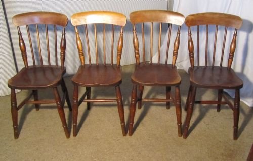 Set of 4 Victorian Elm Seated Stick Back Kitchen Dining Chairs