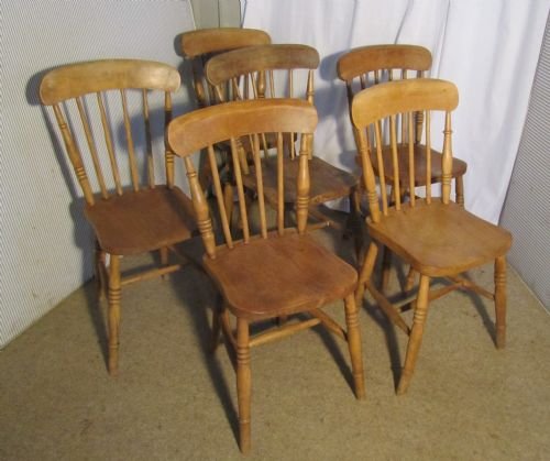 Set of 6 Victorian Elm Seated Stick Back Kitchen Dining Chairs