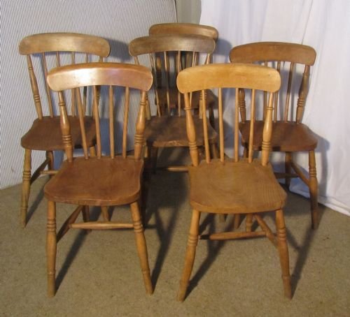 fig 1. Set of 6 Victorian Elm Seated Stick Back Kitchen Dining Chairs
