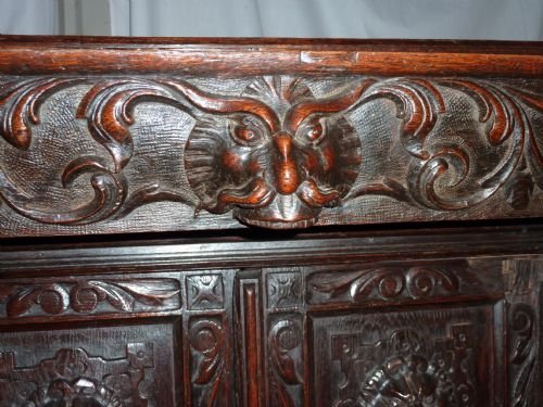 fig 1. Large Green Man Gothic Carved Oak Cupboard or Dresser Base