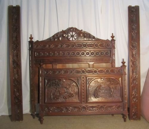 French Breton Carved Oak Marriage Double Bed