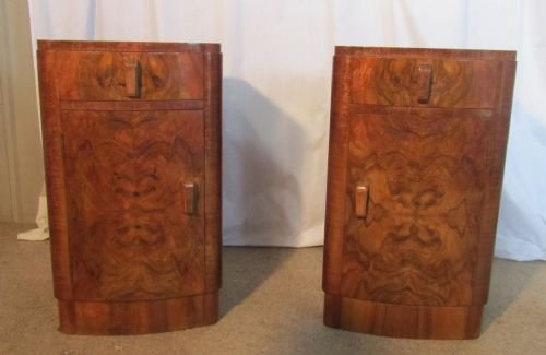 A Pair of Mirror Veneer Burr Walnut Art Deco Bedside Cupboards