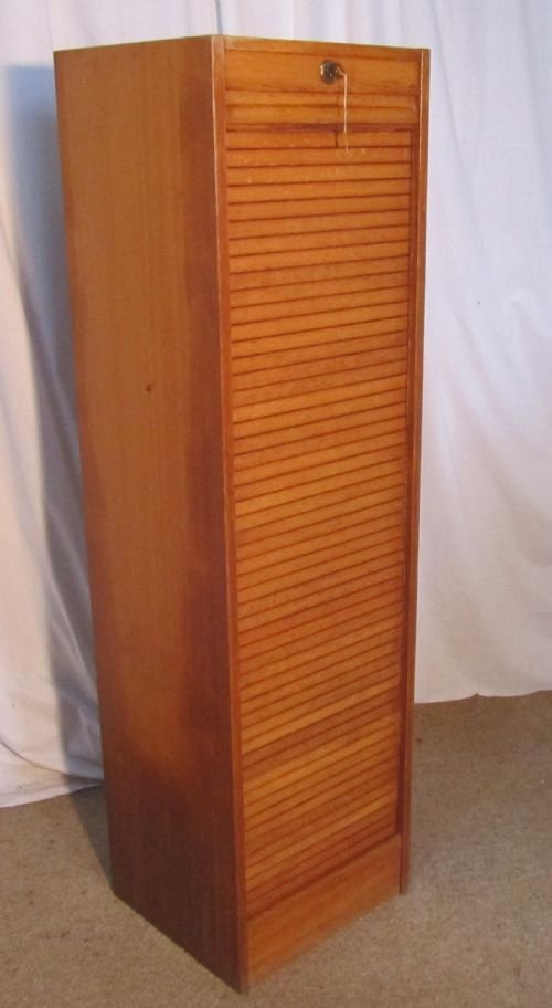 A French Tambour Fronted Oak Art Deco Filing Cabinet