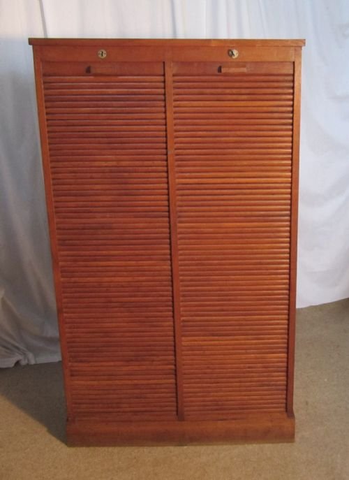 A French Tambour Double Fronted Oak Art Deco Filing Cabinet