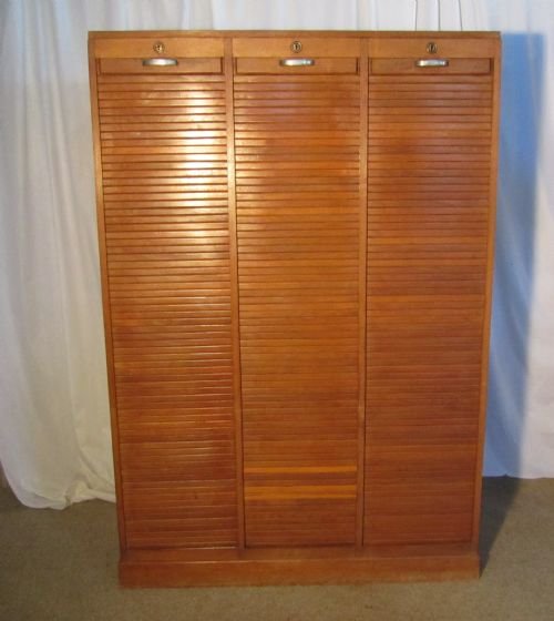 A Large French Tambour Triple Fronted Oak Art Deco Filing Cabinet