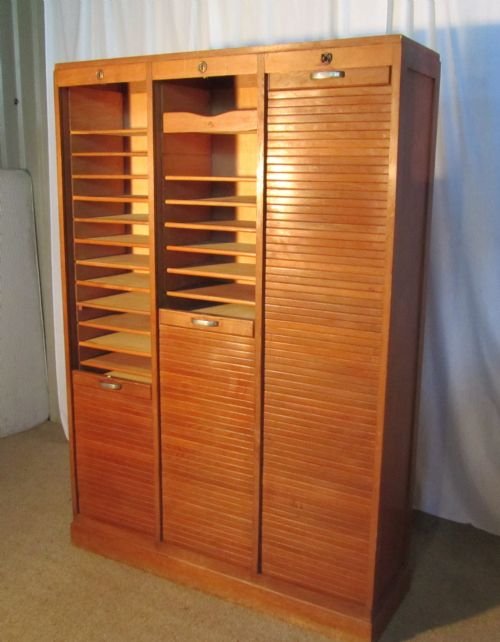 fig 1. A Large French Tambour Triple Fronted Oak Art Deco Filing Cabinet