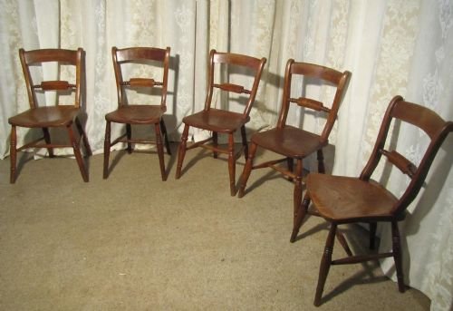 fig 1. Harlequin set of 5 Victorian Beech and Elm Rope Back Kitchen Dining Chairs
