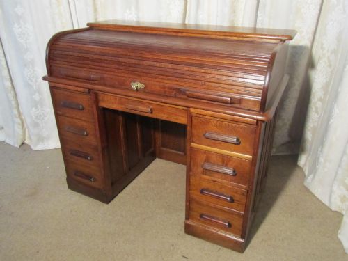 Art Deco Oak Roll Top Pedestal Desk