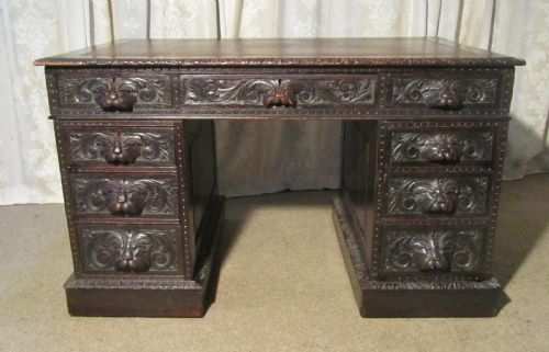 Victorian Green Man Carved Oak Pedestal Desk