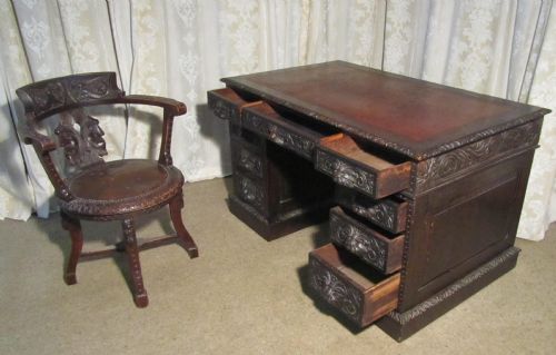 fig 1. Victorian Green Man Carved Oak Pedestal Desk