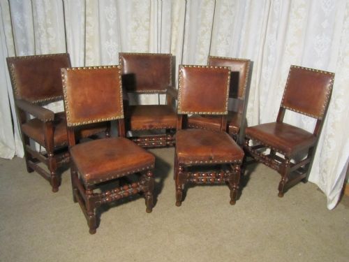 fig 1. Set of 6 Heavy Gothic Oak and Leather Dining Chairs