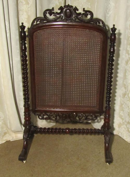 Large Victorian Carved Mahogany and Bergere Fire Screen