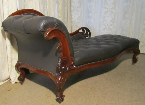 fig 1. Superb Early Victorian Carved Mahogany Leather Chaise Longue or Day Bed