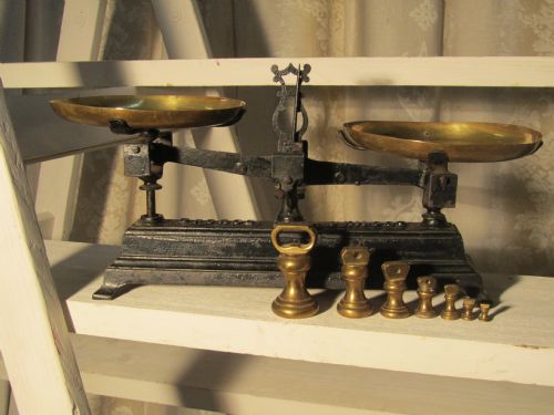 A Set of Grocery Balance Scales, with Brass Bell Weights