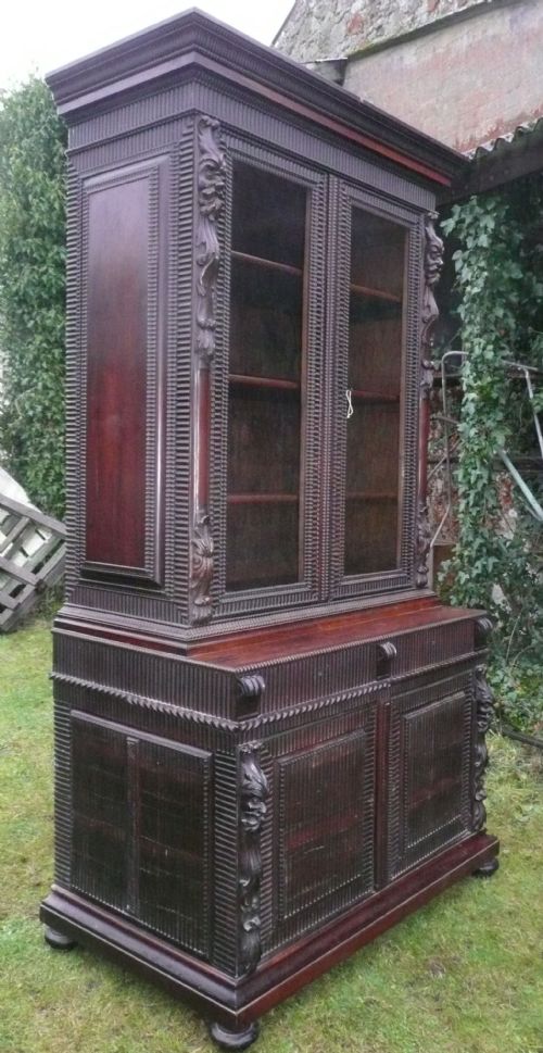 fig 1. GREEN MAN VICTORIAN ROSEWOOD LIBRARY CUPBOARD BOOKCASE