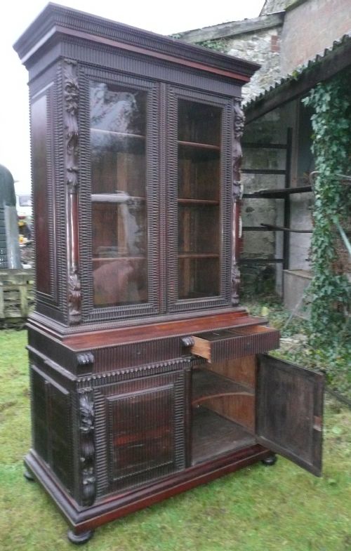 fig 4. GREEN MAN VICTORIAN ROSEWOOD LIBRARY CUPBOARD BOOKCASE