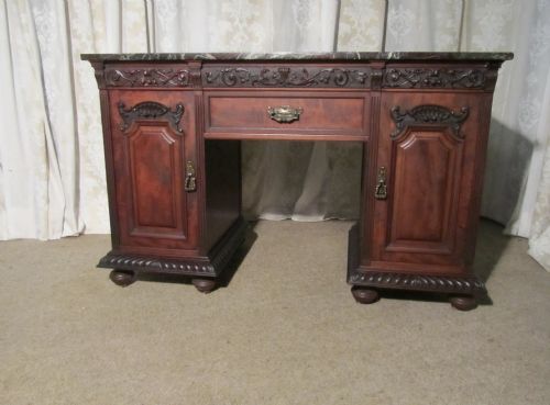 Victorian Mahogany Marble Top Desk by T. Wallace