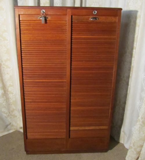 A French Tambour Double Fronted Oak Art Deco Filing Cabinet
