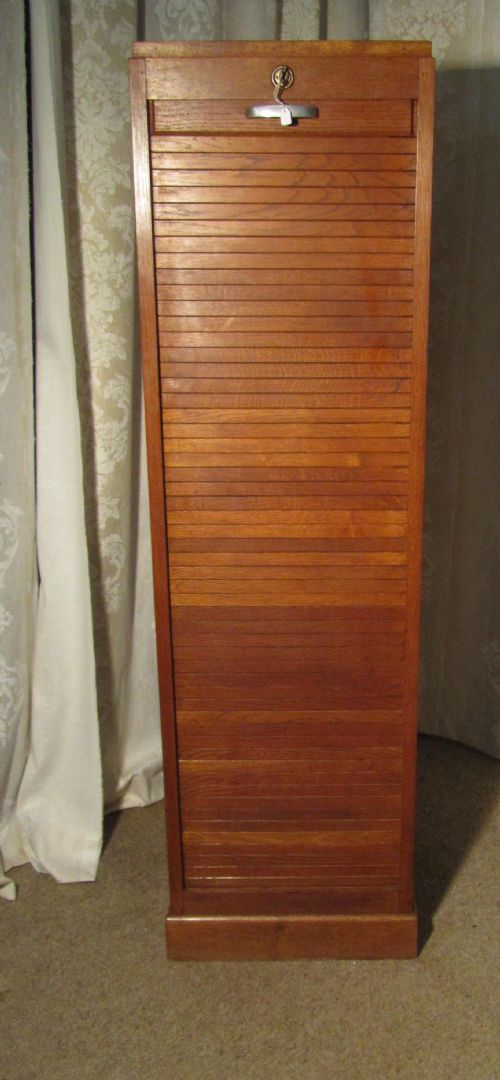 A French Tambour Fronted Oak Art Deco Filing Cabinet