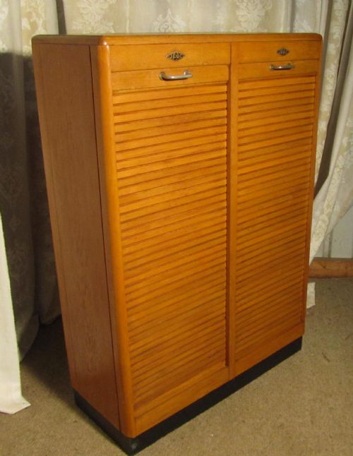 A French Tambour Double Fronted Oak Art Deco Filing Cabinet by Jac