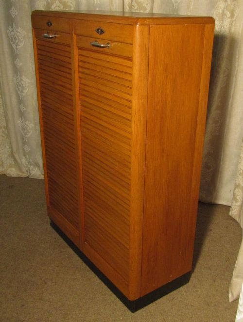 fig 1. A French Tambour Double Fronted Oak Art Deco Filing Cabinet By JAC