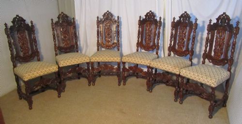 A Set of 6 Victorian Gothic Oak Dining Chairs in the Jacobean Style