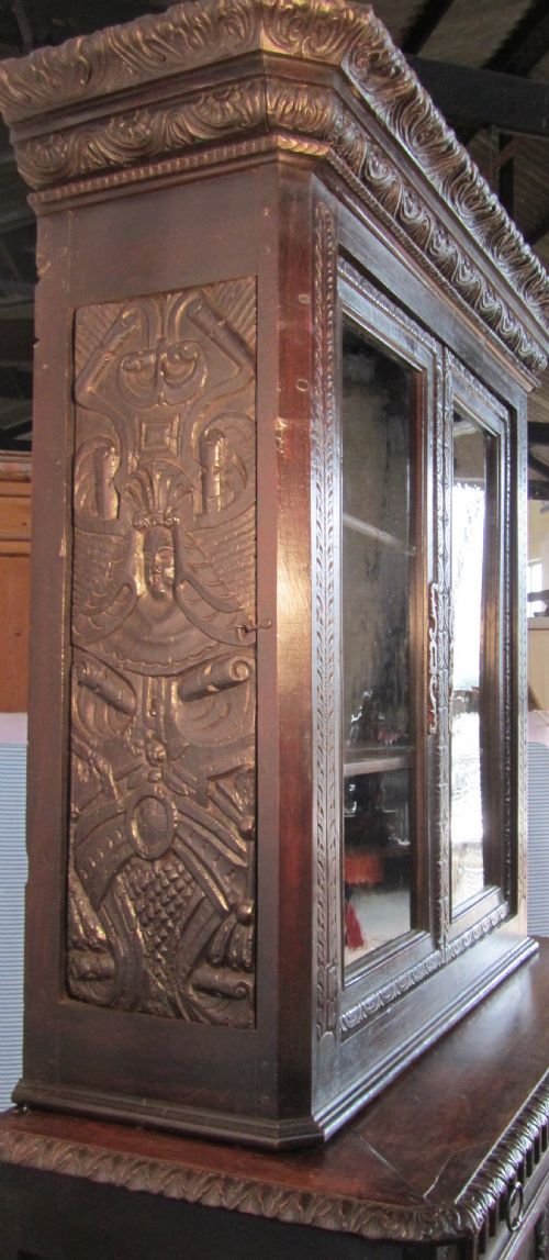 fig 1. French Gothic Green Man Carved Oak Game Cupboard Bookcase