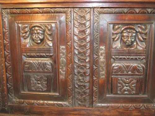 fig 2. French Gothic Green Man Carved Oak Game Cupboard Bookcase
