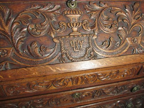 fig 2. A Very Rare Early Victorian Carved Oak Bombé Bureau