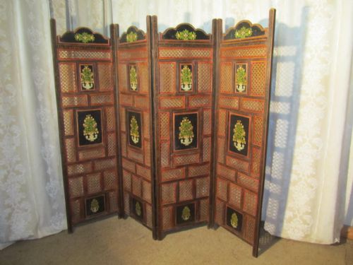 fig 1. A Large 19th Century North African Folk Art Pierced, Painted 4 Fold Screen Room Divider