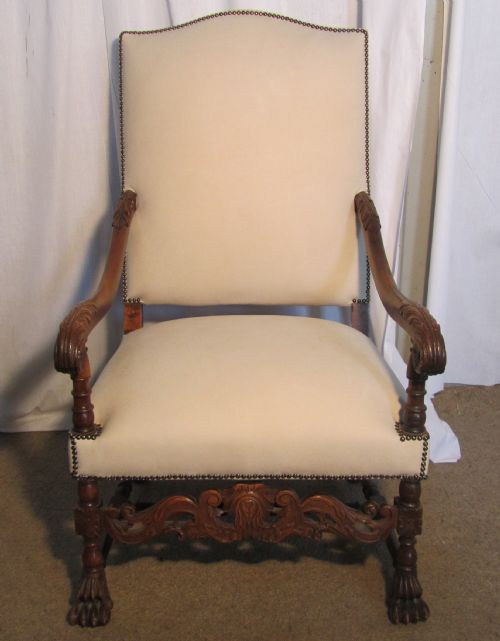 Very Large Victorian Carved Walnut and Leather Arm Chair