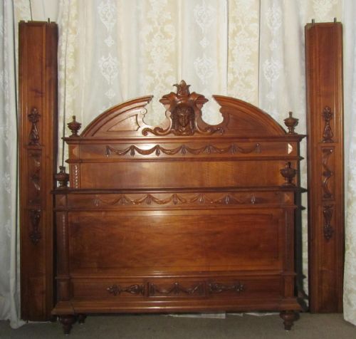 Superb French Art Nouveau Carved Walnut Double Bed Frame