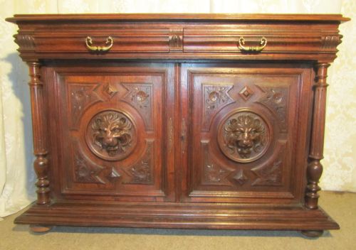 French Lion’s Mask Gothic Carved Oak Cupboard or Sideboard