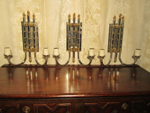 3 French Art Deco Chrome and Brass Double Wall Lights
