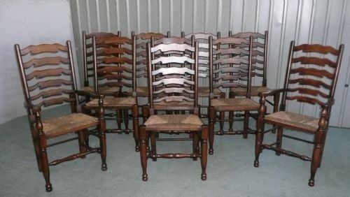 A Superb Set of 10 Farmhouse Kitchen Ladder Back Dining Chairs