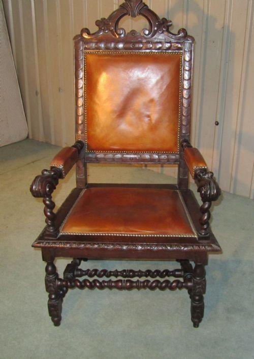 Very Large Victorian Carved Oak and Leather Arm Chair.