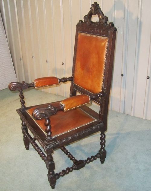 fig 1. Very Large Victorian Carved Oak and Leather Arm chair.