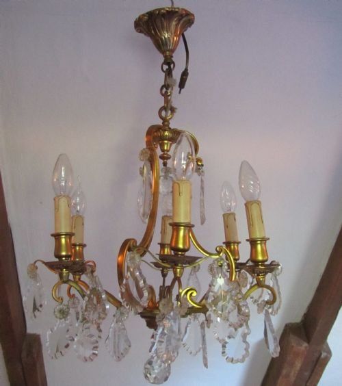 fig 1. Charming French Cut Glass and Brass 6 Branch Chandelier