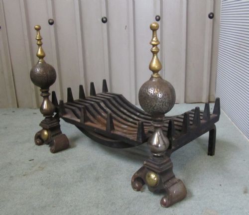 Large Cast Iron Log Grate with Andirons