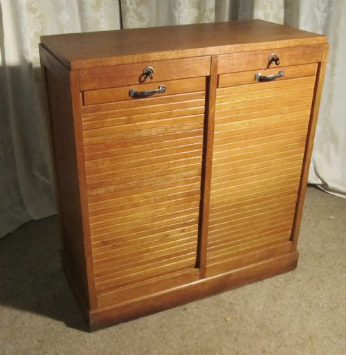 A French Tambour Double Fronted Oak Art Deco Filing Cabinet