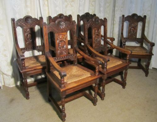 Set of Six French 19th Century Heavy Carved Oak Carver Dining Chairs