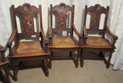 fig 1. Set of Six French 19th Century Heavy Carved Oak Carver Dining Chairs