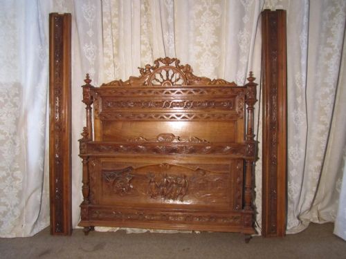 French Carved Oak Marriage Double Bed