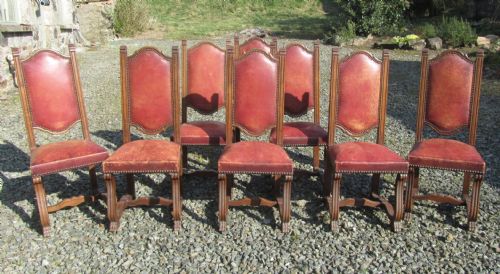 Set of 8 French Oak and Leather Dining Chairs