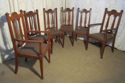 Set of 6 Art Nouveau  Oak High Back Dining Chairs