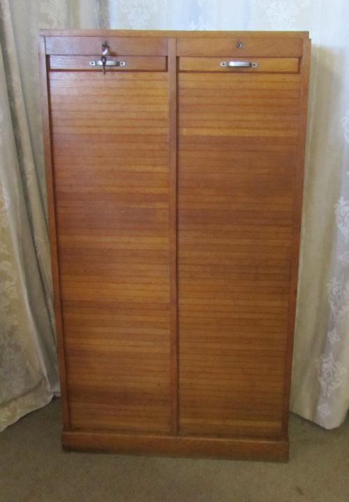 Double Tambour Fronted Oak Filing Cabinet